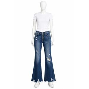 Flying Monkey Mid Rise Flare Jeans Distressed Raw Hem Blue Womens 30x30 baggy